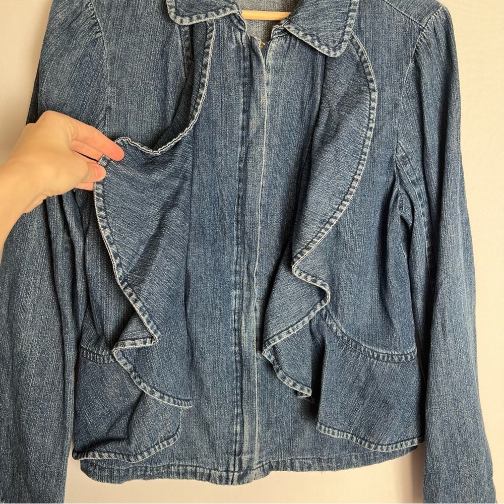 JH Collectibles Full Zip Women’s Denim Draped Ruffle Jacket Blue Size 10 Cotton - Picture 2 of 7